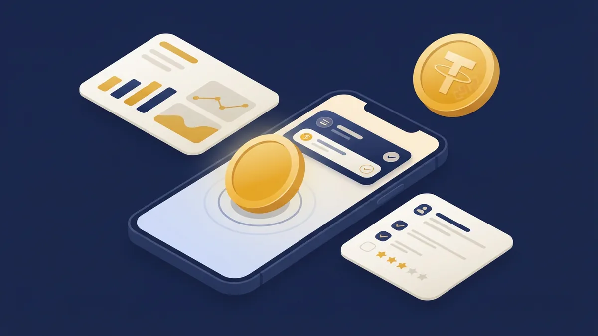 A phone with a TapKoin coin, task cards and a USDT coin